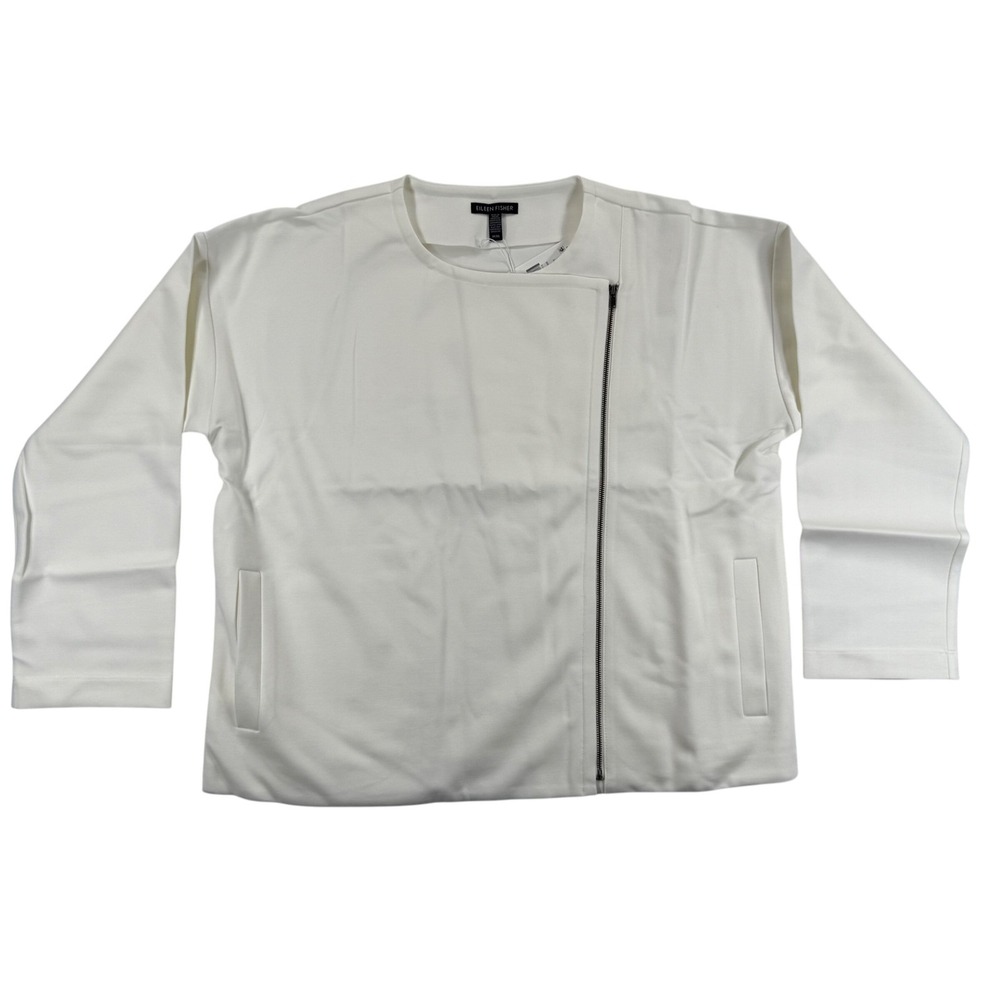 EILEEN FISHER Ivory Flex Tencel Ponte Knit‎ Moto Zip Jacket M NWT